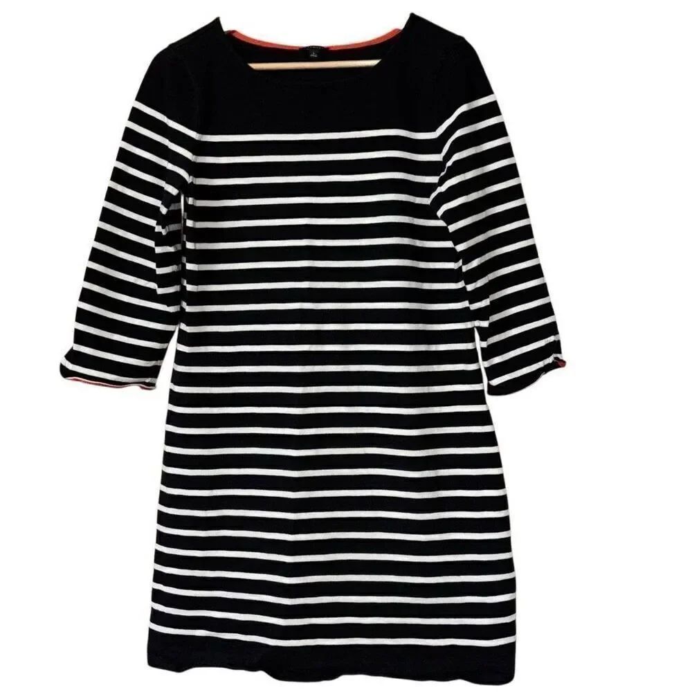 Talbots Black Ivory Stripe Knit 3/4 Sleeve A Line cotton Dress L Knee Length